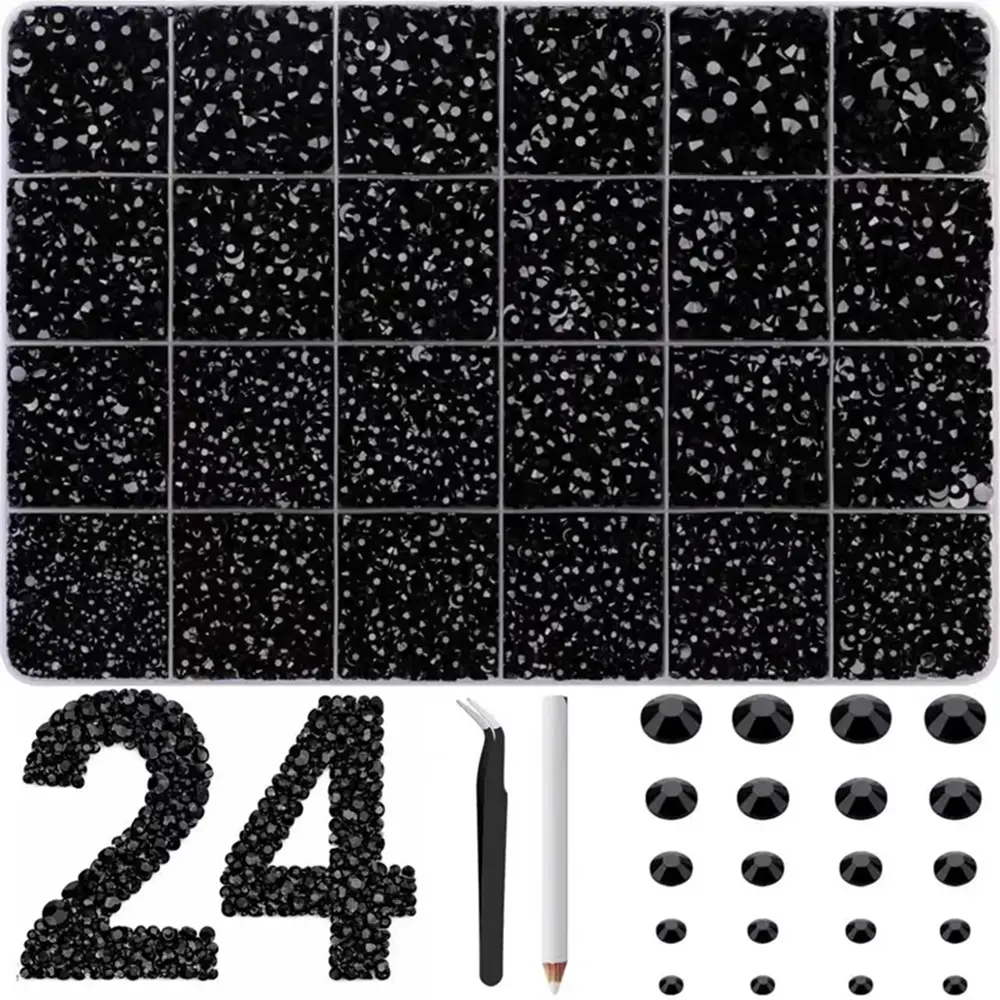 Nail Rhinestones Bedazzling Kit - 24-Grid Organizer with Black Flatback Resin Crystals, 2-6mm Mixed Sizes, Flat Back Apply, Rainbow Shine for Bling Rhinestone Decoration on Clothing & Nails, Resin Gems