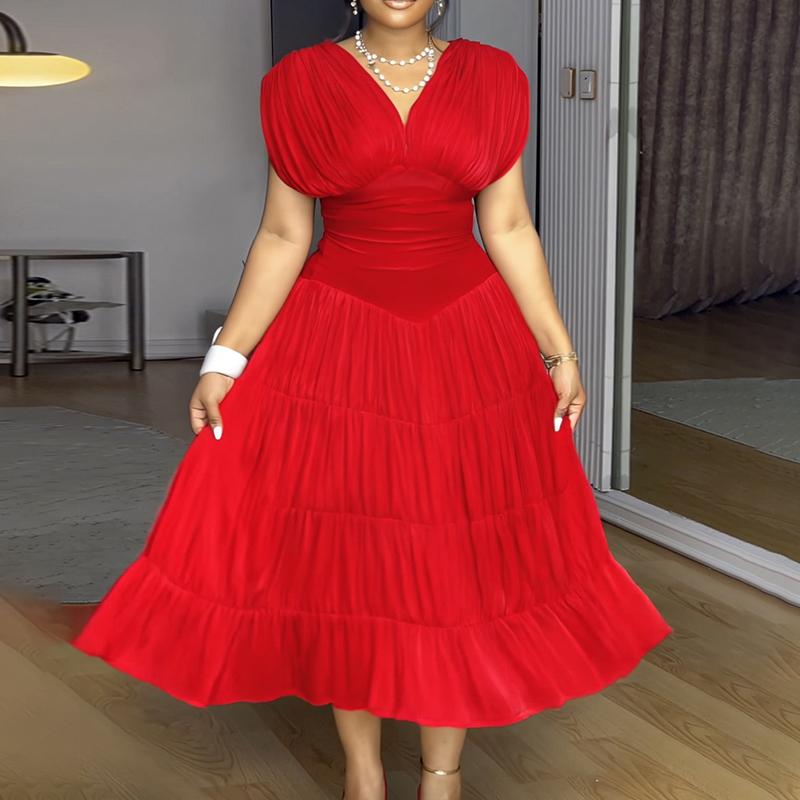 ChicMe Textured V Neck Sleeveless Valentine's Day Ruched Ruffles Hem Dress Casual Waist A Line Party Midi Dress for Wedding & Wedding Guest