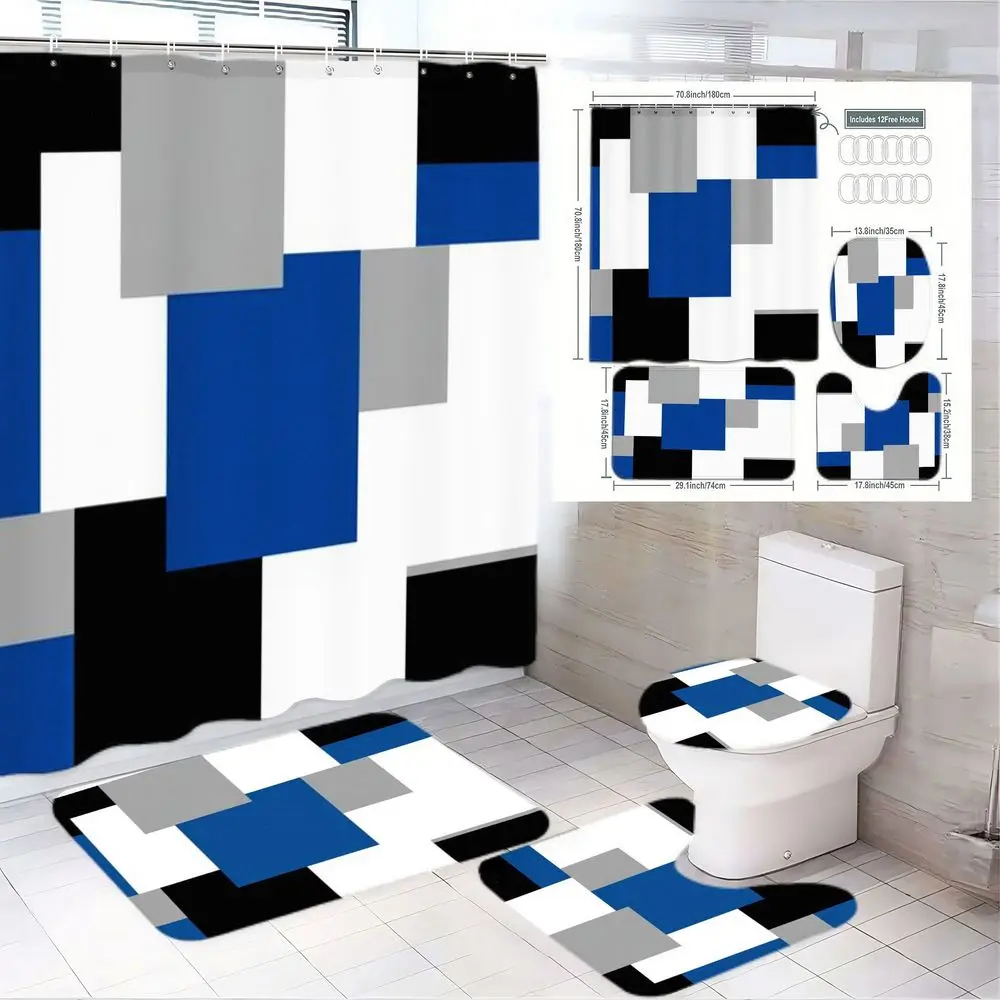 1/4pcs Modern Geometric Blue Black White Gray Bathroom Set, Shower Curtain Sets - Shower Curtain (Square/Rectangle Pattern) + 2 Floor Mats (Rectangular & Oval) + Toilet Seat Cover, Minimalist Blocking Design, Perfect for Spring/Summer Home Dec