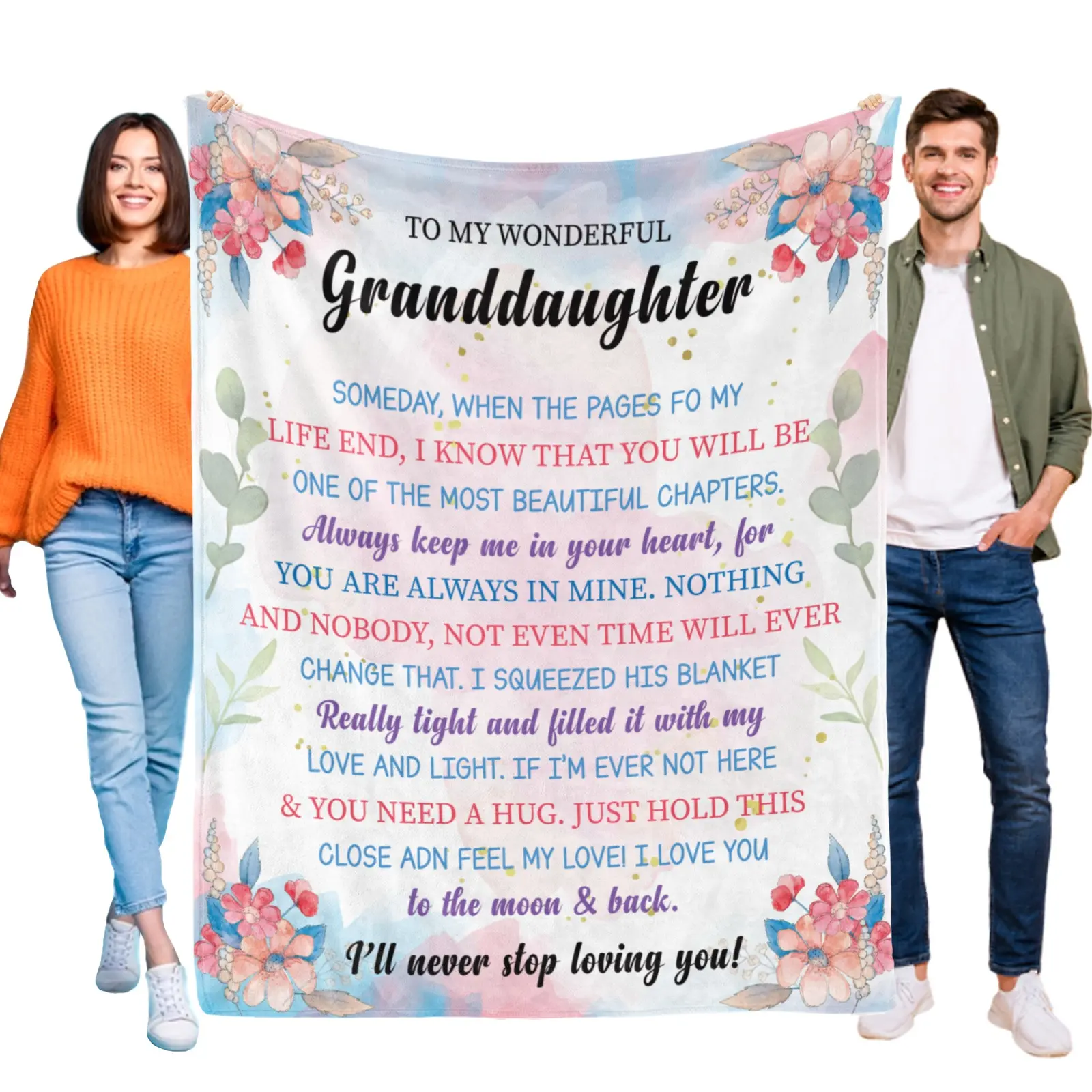 To My Wonderful Granddaughter Blanket from Grandma, Gift for Granddaughter, Soft Flannel Throw Blanket with Floral Design & Loving Quotes, Ideal for Bedroom Decor