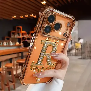Diamond & Gold "R" Design TPU Full-Coverage Lens Cellphone Casing - Drop-Proof, Shockproof, Non-Slip Accessory for iPhone 17,16,15,14,13,12,11,XS,X Series - Handheld Device Protection Accessory, Ideal Gift, Accessories