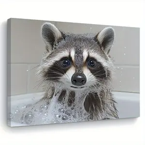 1 Piece Wooden Frame Canvas Art - Romantic Bubble Bath Raccoon, Living Room Bedroom Kitchen Bathroom Wall Art Decorative Painting, Ready to Hang, Perfect Gift for Her or Him, Horizontal Design, High-Quality Canvas, Indoor Use, Animal Theme Home Decoration