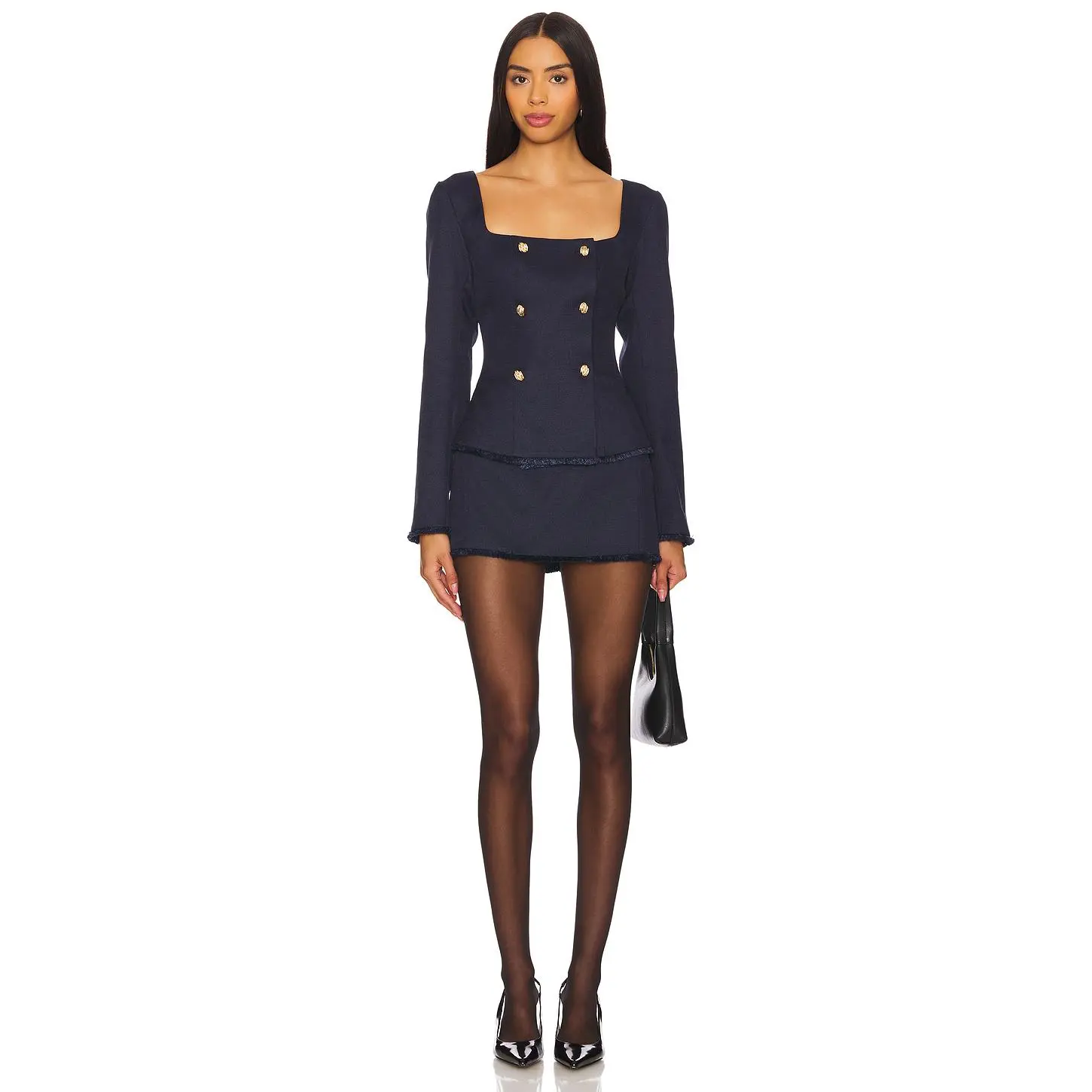 Women's Formal Navy Jamie 2-Piece Skirt Set, Tweed Jacket Fabric with Button Details