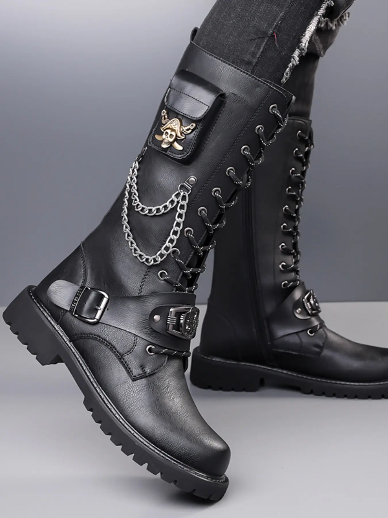Men's High Top Classic Goth Fall Boots with Metal Chain, Vintage Leather Belt Buckle Decor, Thick Sole Rubber Anti-Slip Motorcycle Boots (38-48)