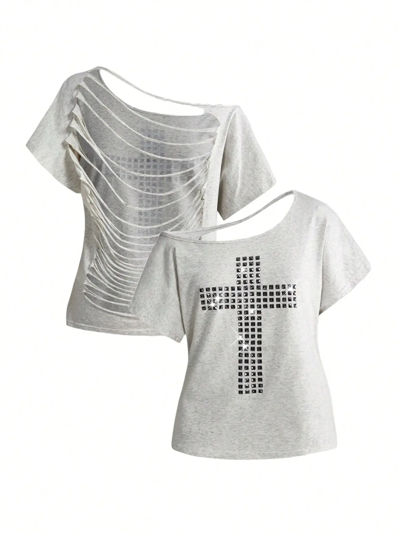 SM&Co. Grunge Punk Y2K Cross Rivet Design Laser Cut Loose Fit Solid Color T-Shirt Edgy Streetwear Aesthetic Short Sleeve Tee Top Women's Fashion