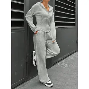 Women's 2-Piece Casual Lounge Set - Stretchy Long-Sleeve Outfit, White Zip-Up Hooded Sweatshirt with Drawstring, All-Season Minimalist Jogger Pants (Women's Clothes, Stretchy Outfit Sets, Clothes)