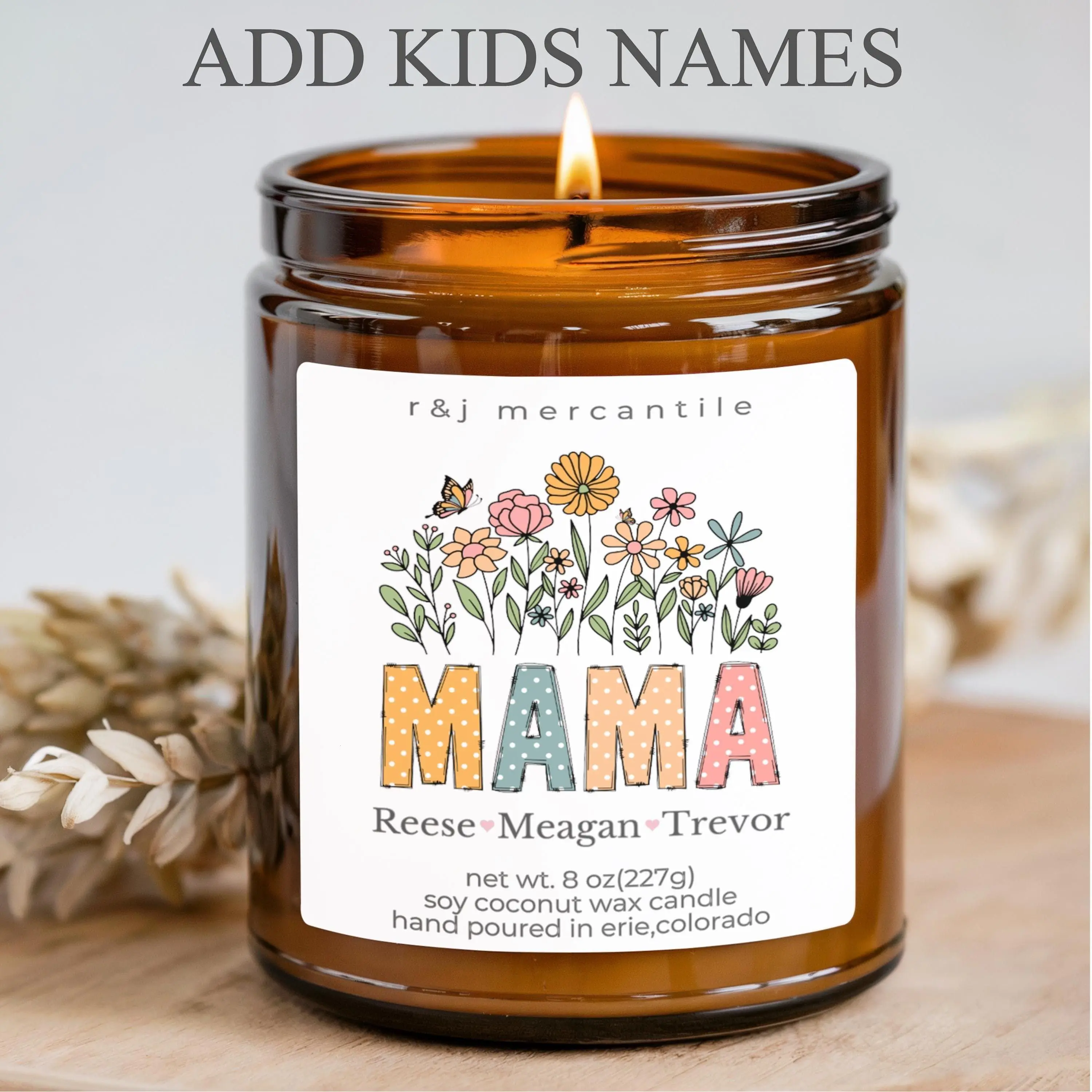 Personalized Mama Candle with Kids Names, Custom Mom Name Candle, Mama Keepsake Gift, Floral Mom Candle