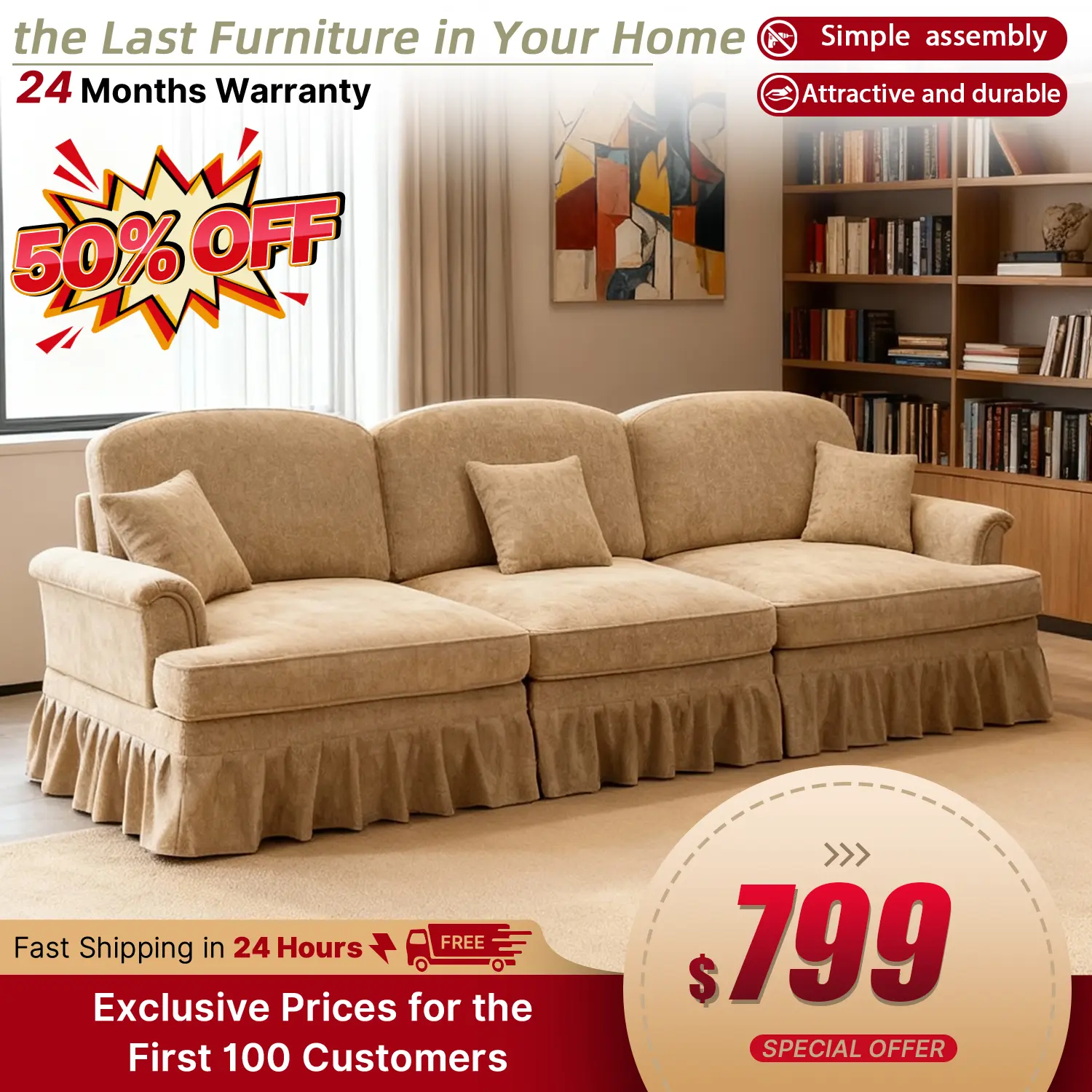 Elegant Mid Century Large 3 Seater Sofa Couch with Flared Arms and Removable Ruffles Pleats Skirts and Spindle Legs, Comfy Chenille Three-Seat Sofa for Living Room
