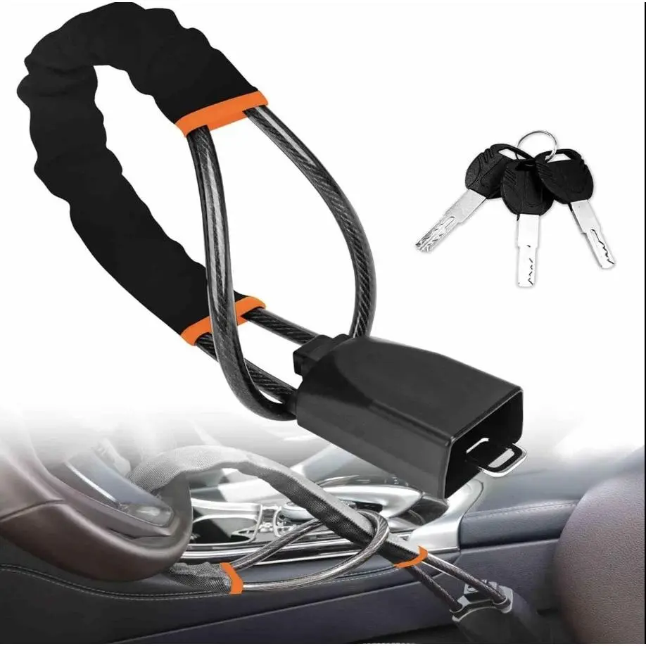 Universal Car Steering Wheel & Seat Belt Anti-Theft Lock - Heavy-Duty Steel Cable, Durable, Strong, Flexible, Abrasive-Resistant, Chip-Resistant, 3 Keys, Extends 17", Compatibility with Cars/SUVs, Sedans, Trucks, Security Protection