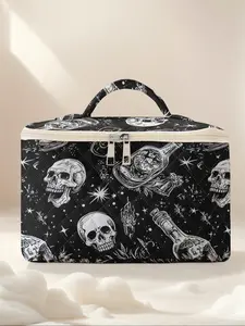 Skull Print Travel Makeup Bag, Portable Cosmetic Organizer, Large Capacity Toiletry Storage Box, Cute Fashionable Design, Halloween