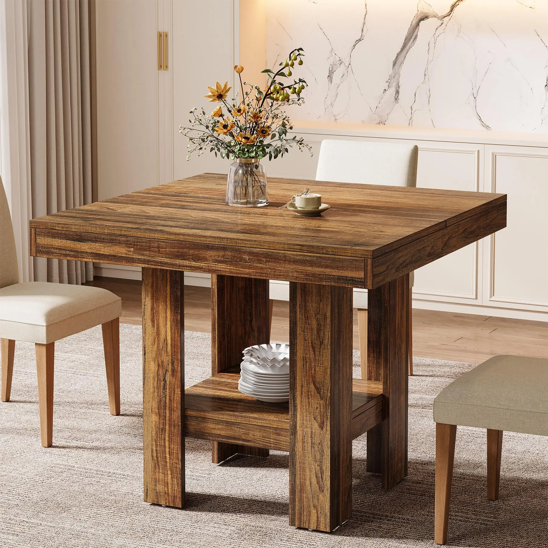 Tribesigns Square Dining Table 31.5" With Shelf Storage, Compact For Apartments, Offices, Restaurants, Living Rooms, Brown Tribesigns Square Dining Table 31.5" With Shelf Storage, Compact For Apartments, Offices, Restaurants, Living Rooms, Brown