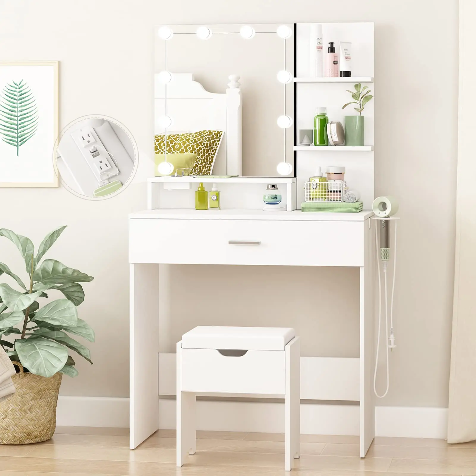 [Summergarden] Vabches LED Modern Makeup Vanity Table with Lighted Mirror, Power Strip, Multiple Drawers, 3 Lighting Modes, Adjustable Brightness, Ample Storage, 31.5x15.75x57.7in White Vanity Set
