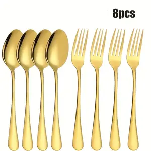 8-piece golden stainless steel fork and spoon set, including 4 teaspoons and 4 salad forks, mirror-polished, sturdy and durable, suitable for home, kitchen, restaurant, festival party, wedding decoration, Gold cutlery set