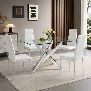 5-Piece Dining Table Set for 4,Modern Rectangular Tempered Glass Dining Table with 4 PU Leather High Back Chairs, Space-Saving Dining Room Table and Chairs Set of 4 with Silver Metal Legs for Kitchen,Apartment