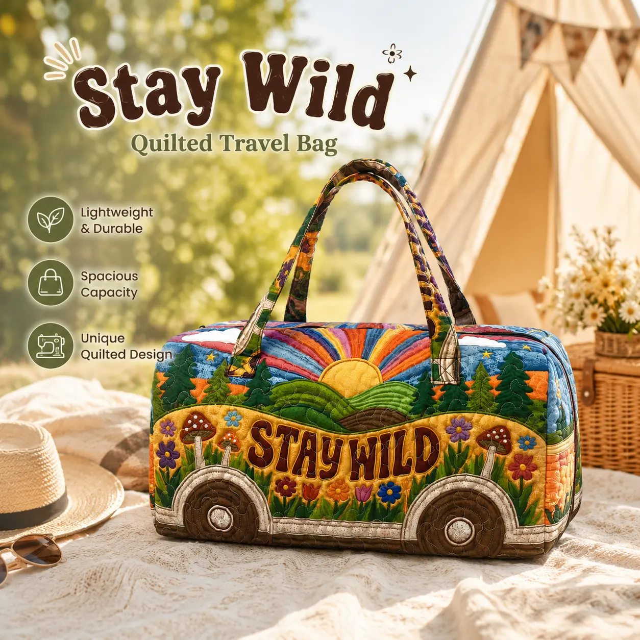 Boho Hippie Travel Bag for Women, Retro Camper Quilted Weekender Tote, Stay Wild Duffle