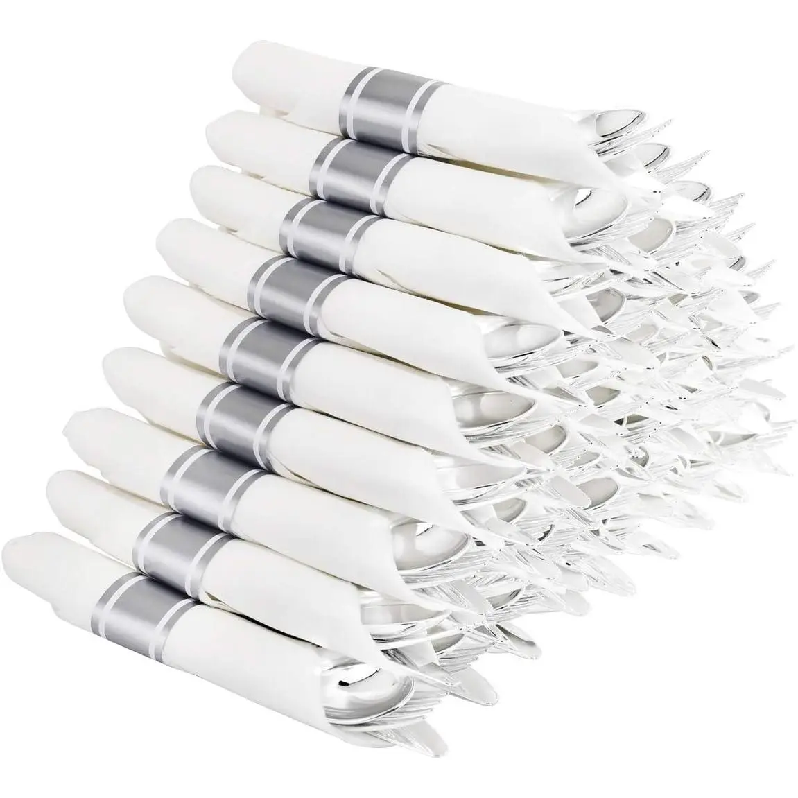 60-Pack Premium Disposable Silver Plastic Cutlery Set, Pre-Rolled Silverware, Ideal for Weddings, Catering Events, Perfect as a Gift
