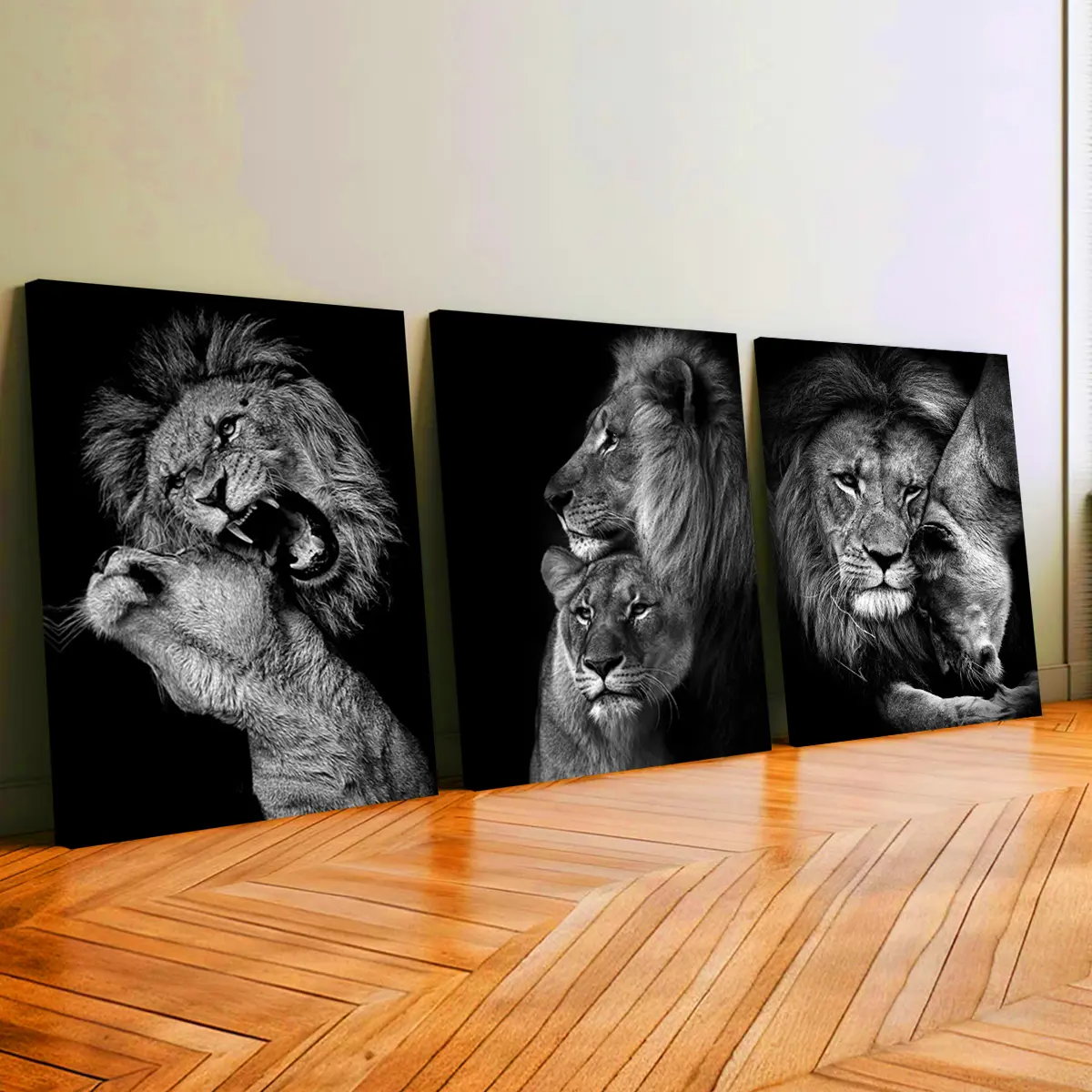 3Pcs Artistic Wooden-Framed Canvas Painting Set, Black And White Lion Family Portraits, Exquisite Home Decoration Wall Art For Living Room, Bedroom, Odorless Posters & Prints