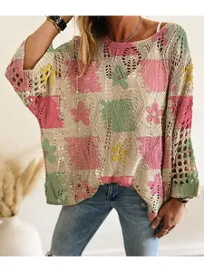 Spring/Summer style, boat neck, diamond hollow out, batwing drop shoulders, loose fit, color-block plaid & floral print, long-sleeve women's knit top, vacation style, casual elegant commute, ladies' vest cover-up, bikini cover-up, Knitwear
