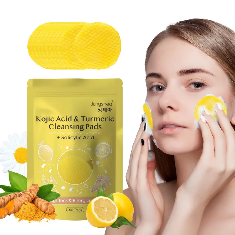 Jungshea Turmeric Kojic Acid Daily Facial Cleansing Pads - Gentle Exfoliant Cleanser with Vitamin C, Sensitive Skin Support, Moisturizing Hydration, Self Care Products (60-Count Pack for Smooth, Radiant Skin)