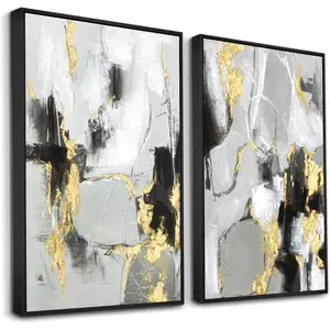 Black abstract mural decoration -2-piece set of 24 inch x 36 inch black and gold canvas murals, suitable for living rooms, bedrooms, offices, with frame, can be hung
