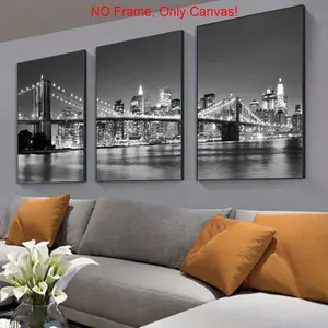 City Night Bridge Pattern Canvas Poster Cityscape Print without Frame, 3 Counts/set Architecture Themed Wall Art Wall Decor for Home Living Room Bedroom Office Wall Art Decoration