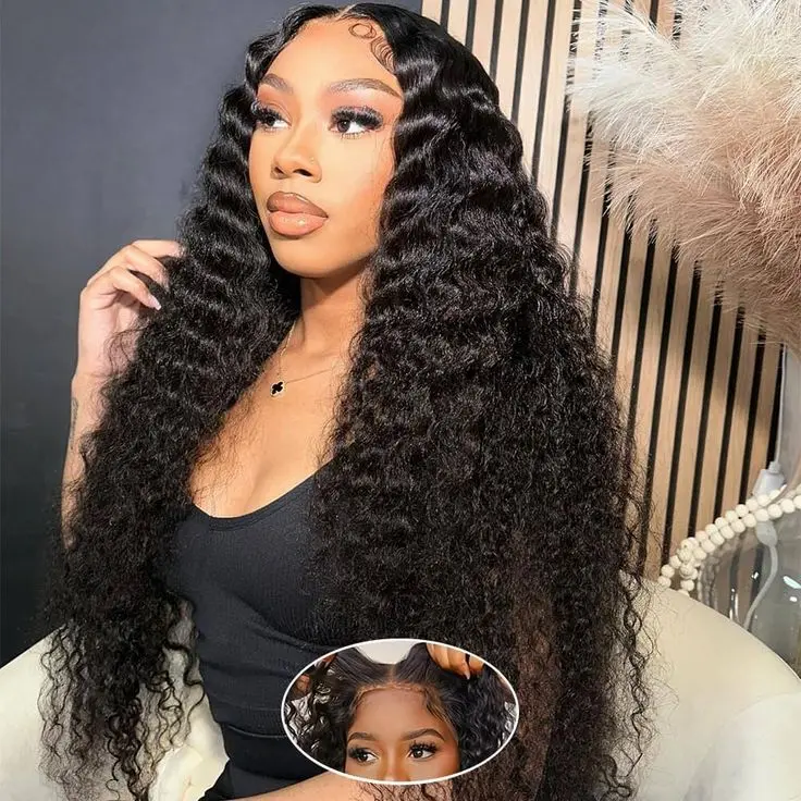 Glueless Deep Wave 6x4 5x5 7x5 9x6 Lace Closure Wig Human Hair Wigs Pre-cut Pre-plucked Deep Curly Lace Frontal Human Hair Wig For Beginners 180Density