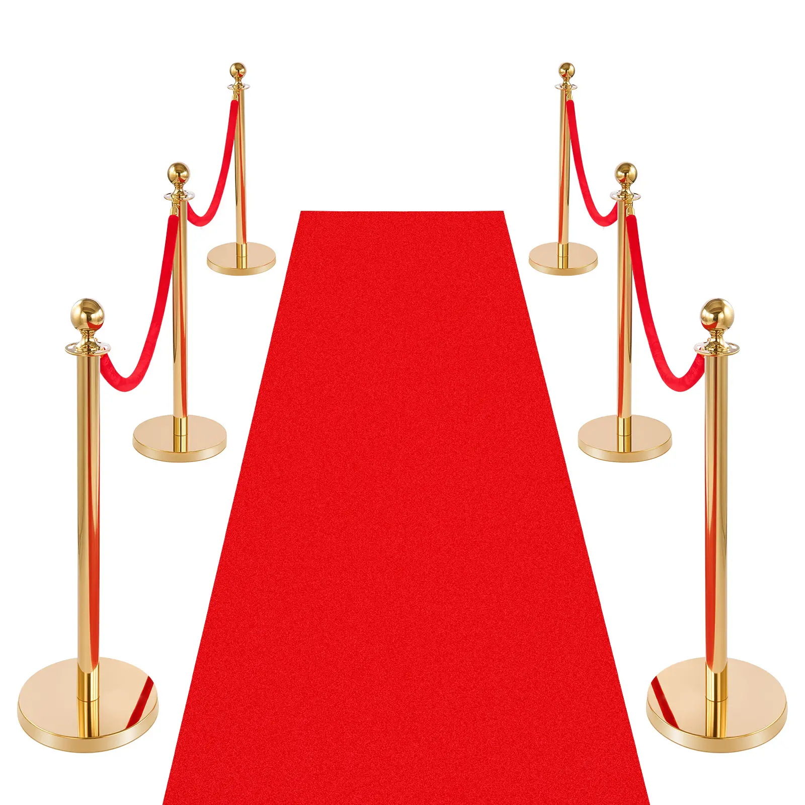 VEVOR 6-Piece Gold Stainless Steel Stanchion Post Crowd Control Barrier Set - Red Carpet, 4 Red Velvet Ropes, Fillable Hollow Base, 4-Way Rope Adapter, Anti-Skid, Decorative, Stable, Easy Install, Portable for Exhibitions (Father's Day Gift), Stable Sand/