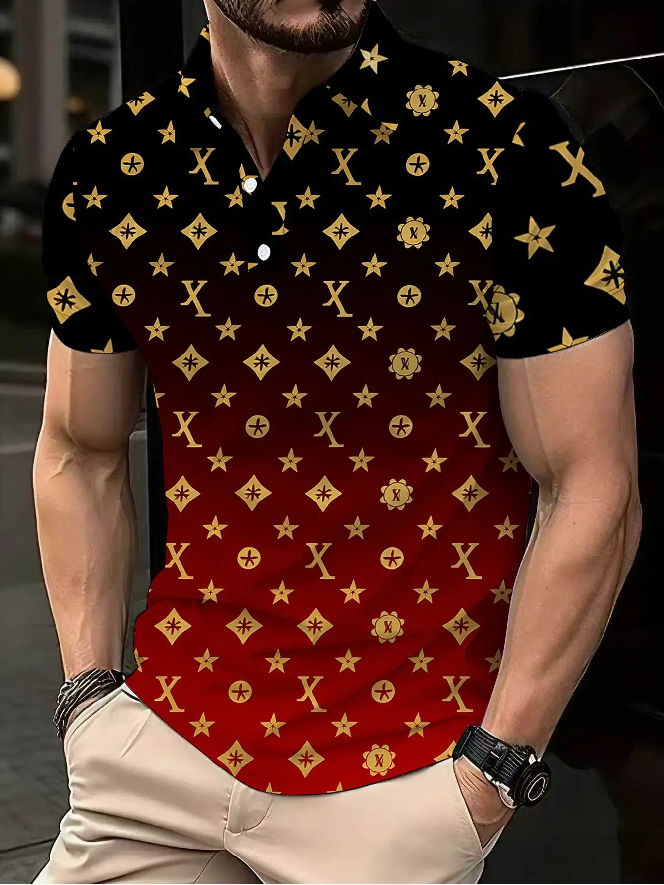 Black and red gradient gold label print men's Printed Polo Shirt, a luxurious short-sleeved top.