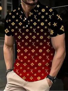 Black and red gradient gold label print men's polo shirt, a luxurious short-sleeved top.