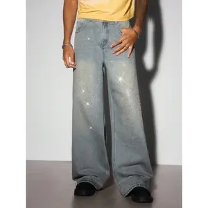 Men's Vintage Blue Casual Glittering Rhinestone Loose Fit Jeans Streetwear