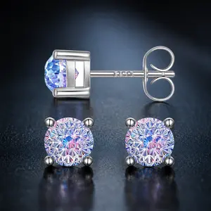 S925 Sterling Silver Stud Earrings, Firework Cut 6mm Brilliant Cubic Zirconia, Hypoallergenic Jewelry for Women and Men, Nest, Rose Cut