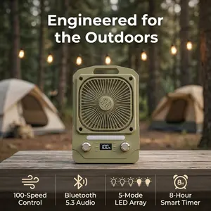 Fan + Speaker + Light in One Portable Camping Fan with 100 Speeds, Bluetooth Audio, SOS Light, Timer & Hanging Design