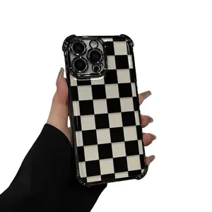 Black checkered Pattern Four-corner drop-proof TPU phone case for iPhone 17 Pro Max 17 Air  15 14 Pro Max 13 12 11 XR XS Plus shockproof full camera protection durable slim silicone case mobile phone case