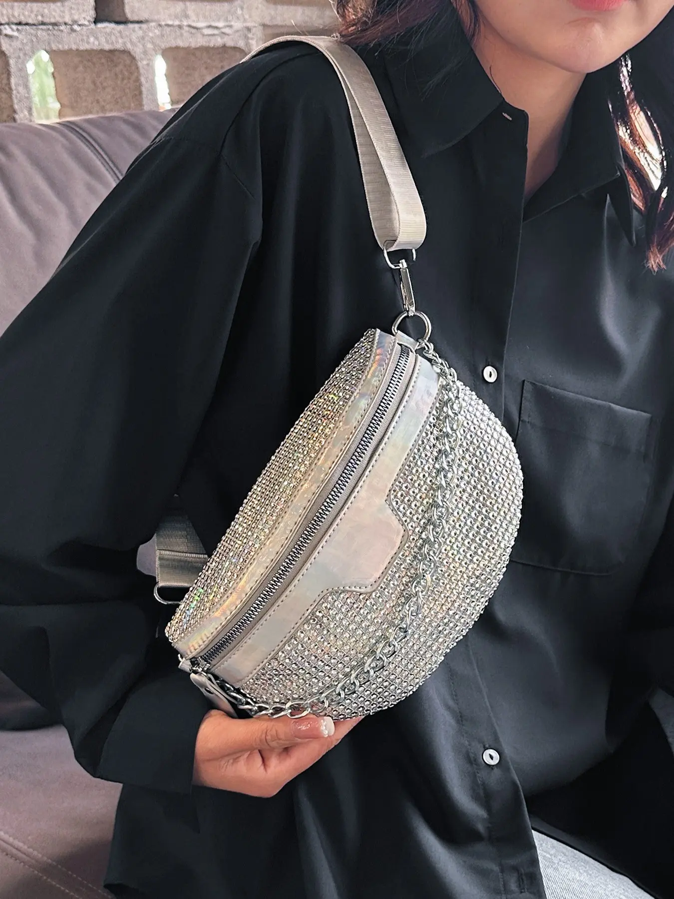1pc Ladies' full diamond laser iridescent Casual waist bag with chain decoration, sparkling crossbody bag, suitable for music festivals, parties, dates, and daily outfits with a spicy girl style versatile crossbody bag Waist Pack Waist Pouch