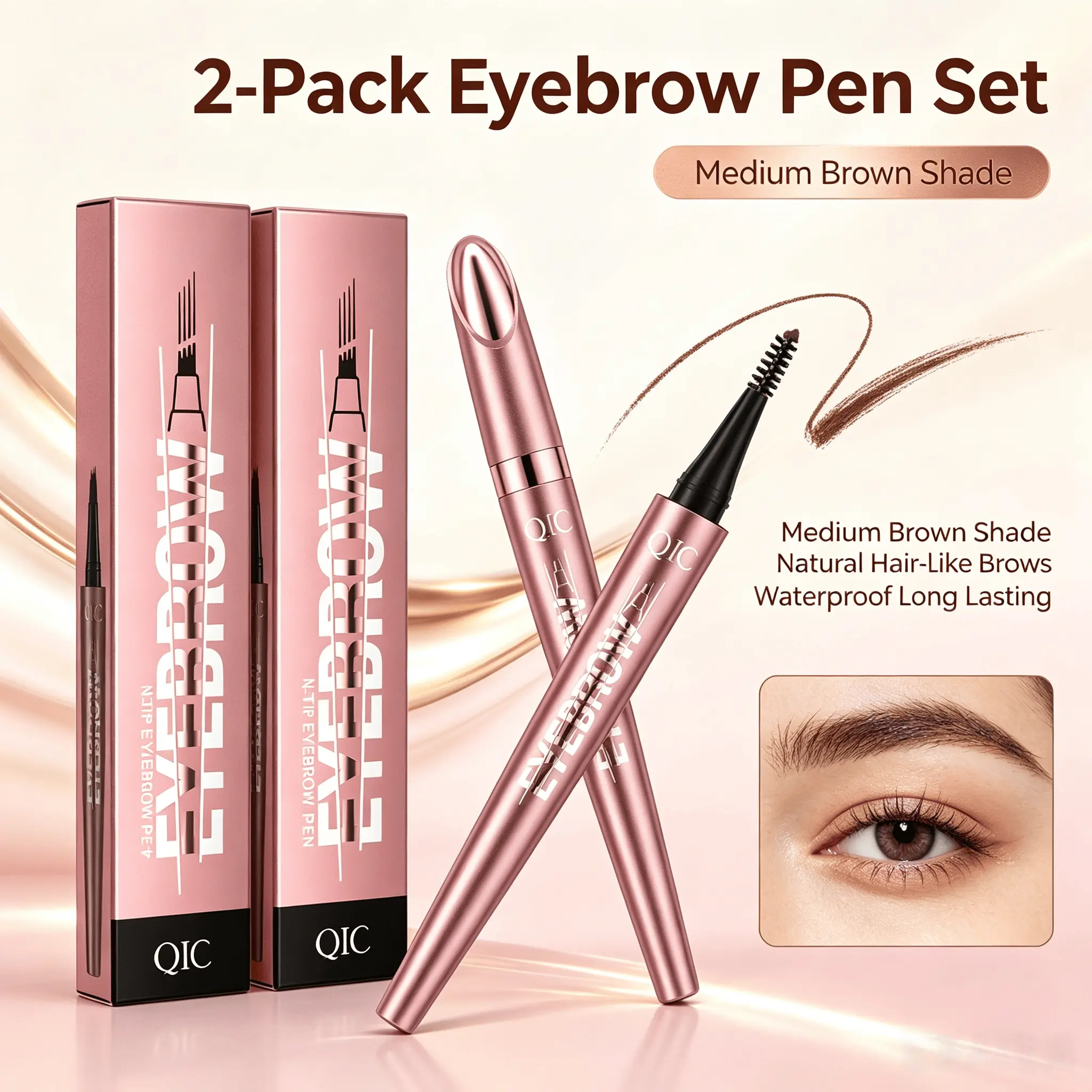 02 Medium Brown QIC 4-Fork Eyebrow Pen Sweat Resistant Waterproof, Ultra Fine Tip Draw Realistic Individual Brow Hairs All Day Long Wear Brow Makeup Tool