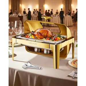 VEVOR Roll Top Chafing Dish Buffet Complete Set, 9Qt Stainless Steel Chafer with Full Size Pan, Rectangle Catering Warmer Server with Visible Lid Water Pan Folding Stand Fuel Holder Meal Clip, Gold