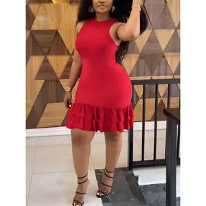 Women's Elegant Slim-Fit Bodycon Dress - Double Layer Ruffled Hem, Round Neck Sleeveless Mid-Length Stretchy High Elasticity, Machine Washable Solid Color for All-Season Casual & Formal Wear, Formal Attire, Smooth Sleek Finish, Highelasticity Fabric