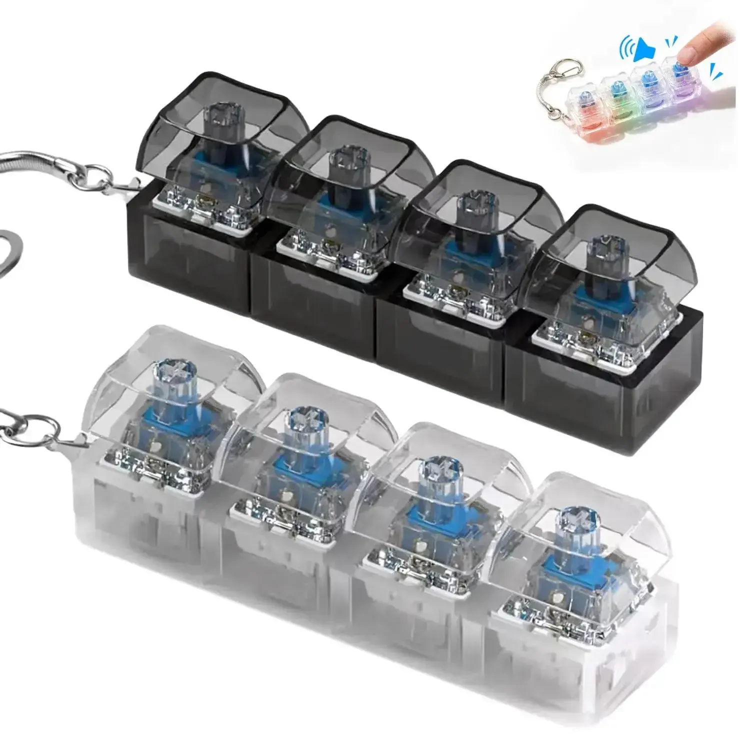 RGB Light Up Keyboard Switch Fidget Toy, 4-Key Clicker Keychain, Viral Desk Stress Relief Gadget