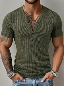 Men's Spring New Textured Dual-Color Striped Fabric Deep V Neck Short Sleeve Outdoor Fashion Sports Top, Casual Sportswear