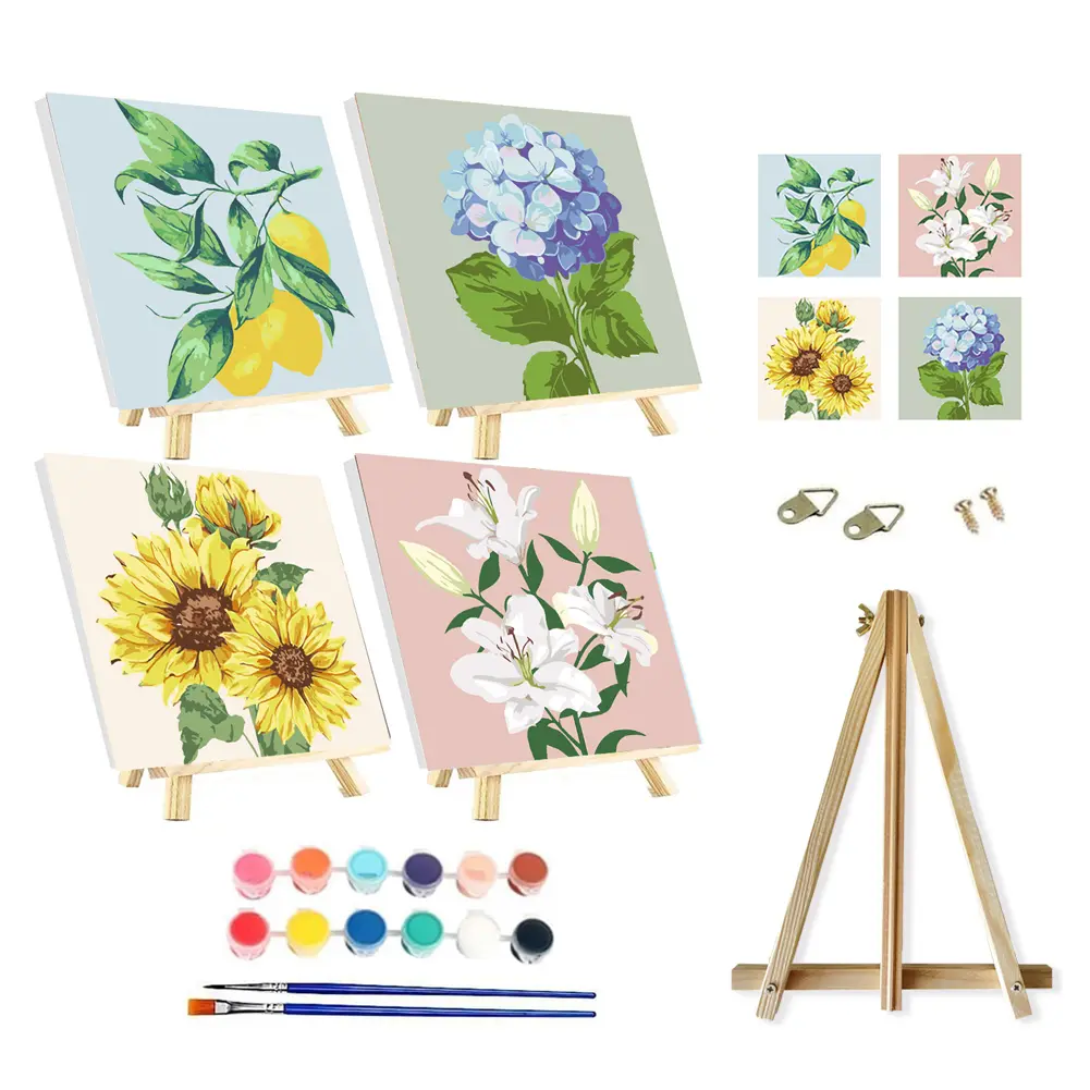 SupaDiya Framed with Easel 4 Pcs DIY Paint by Numbers Kit for Adults Beginners, Flowers Easy Acrylic Watercolors Oil Number Painting Art on Canvas with Easel for Home Wall Decor and Gift 8x8inch