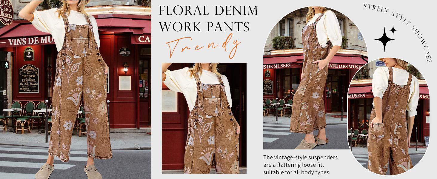 Chouyatou Women's Y2K Casual Denim Jumpsuits Baggy Floral Printed Distressed Wide Leg Bib Overalls