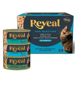 Reveal Natural Wet Canned Cat Food, Limited Ingredient, Grain-Free, High Protein with No Artificial Additives, Fish Variety in Broth (12 x 2.47 oz Cans)