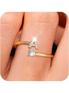Cubic Zirconia Gold Initial Rings for Women Non-Tarnish 14k Gold Plated Adjustable Pinky Ring Cute Dainty Finger Rings Elegant Glittering Ring Birthday Gifts for Her Size 6-9