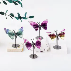 Hand-Carved Natural Rainbow Fluorite Butterfly Statue, Unique Healing Crystal Decor for Home & Office, Artful Gift for Crystal Lovers