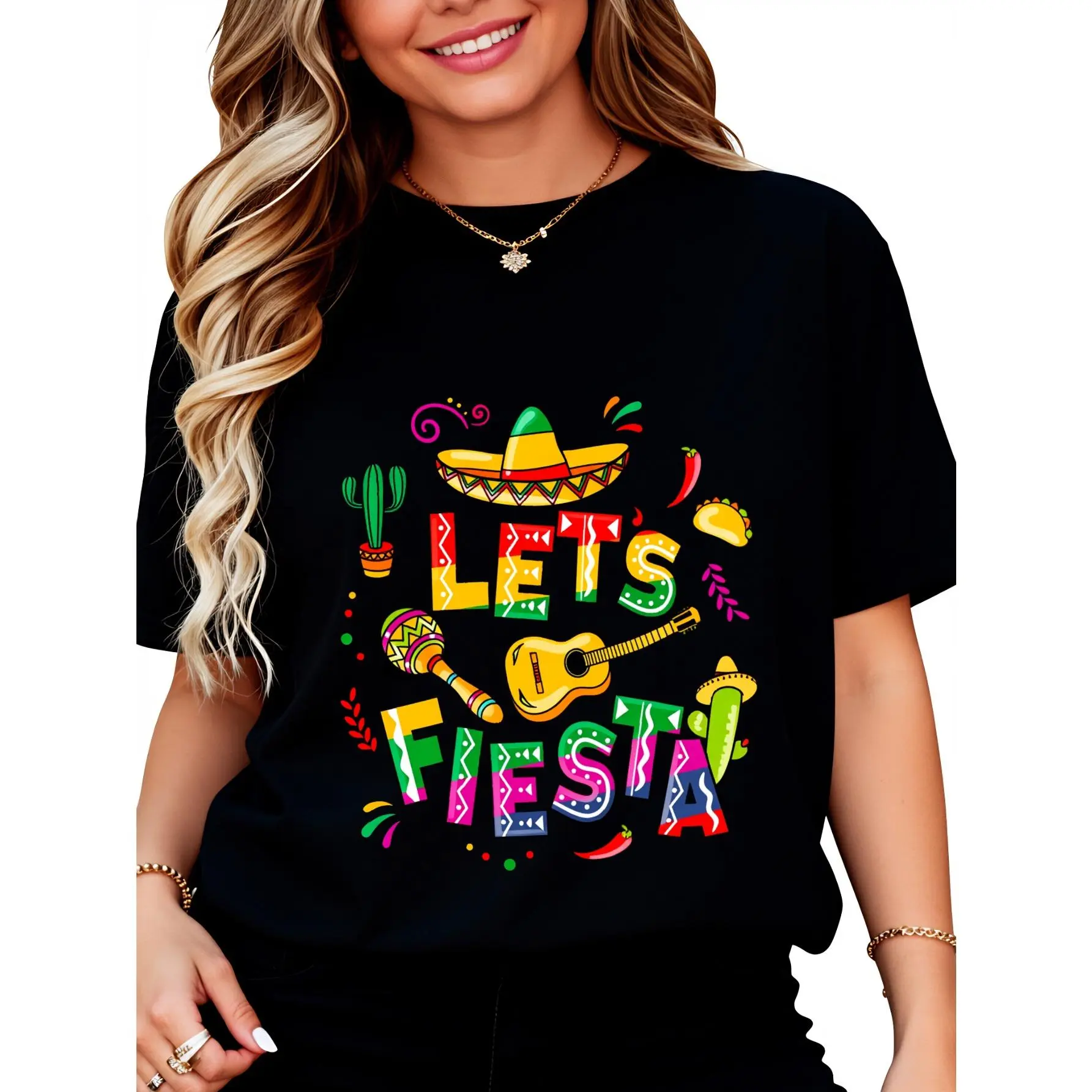 100% Cotton Let's Fiesta With Mexican Motifs T-Shirt for Women Men Cotton Clothing