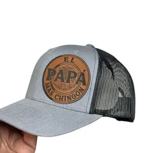 El Papa Más Chingon Leather Patch Cotton-Polyester Classic Trucker Baseball Cap with Graphic Design Unisex Adjustable Gray Front Panel Black Mesh Back Street Style Gifts for Dad Snapback Hat