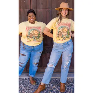 Tees2urdoor Women's Desert Wanderlust Graphic T-Shirt, 100% Cotton Pastel Short Sleeve Casual Streetwear Top with Cactus Sunset Print, Shortsleeve