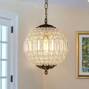 Antique Crystal Globe Chandelier, 11.8" Vintage Small Sphere Chandelier Crystal Pendant Light Fixture for Foyer Dining Room Kitchen Island Bronze