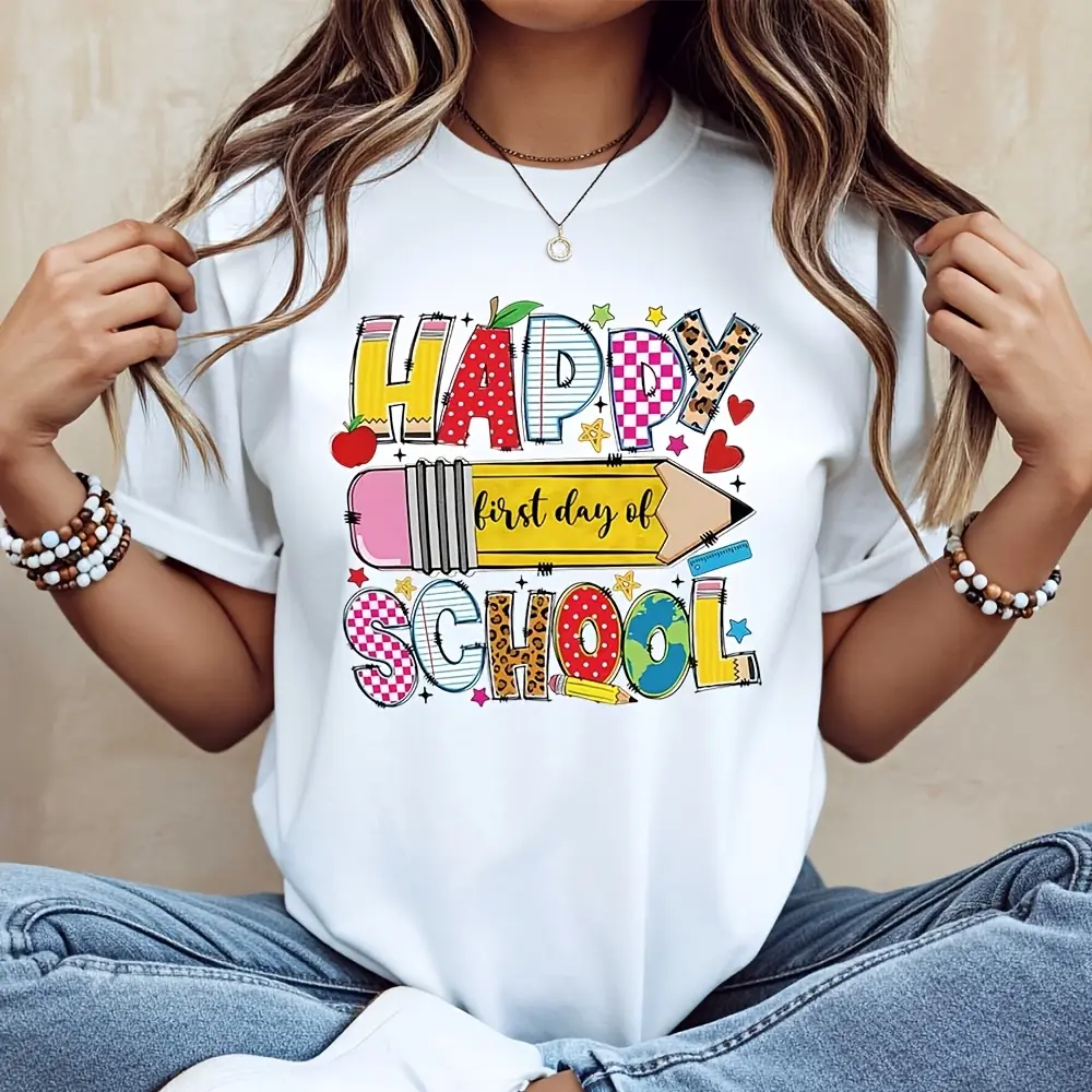 Happy First Day Of School Pencil Graphic Print T-Shirt, Back To School Season Casual Top For Students