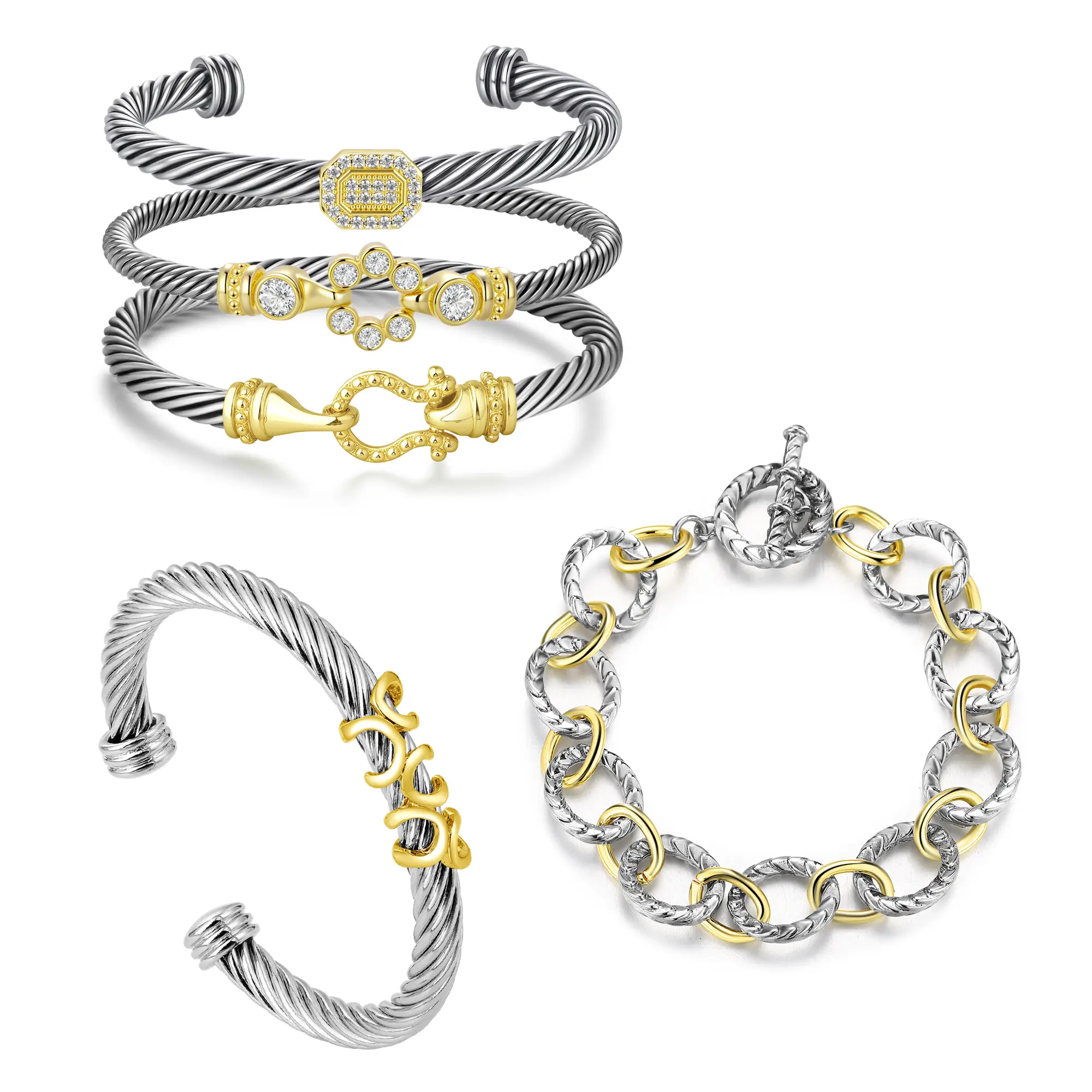 Aprilery 5-Piece Stackable Cable Cuff Bracelet Set - Women's Adjustable Mixed Metal Artificial Gemstone Jewelry with Abstract Motifs, Sculptural Charms, Bracelet Stack for Casual Wear to Evening